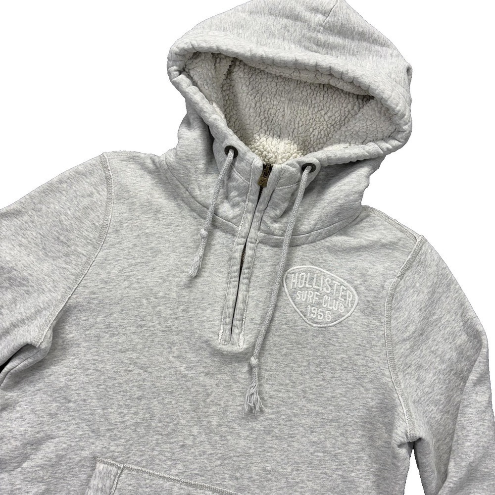 Hollister Hoodie Mens Large Gray 1/4 Zip Sherpa Fleece Surf Club‎ Sweatshirt